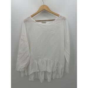 Bellambra Tunic Women Large White Linen Ruffle Hem Roll Tab Sleeve Boho Coastal